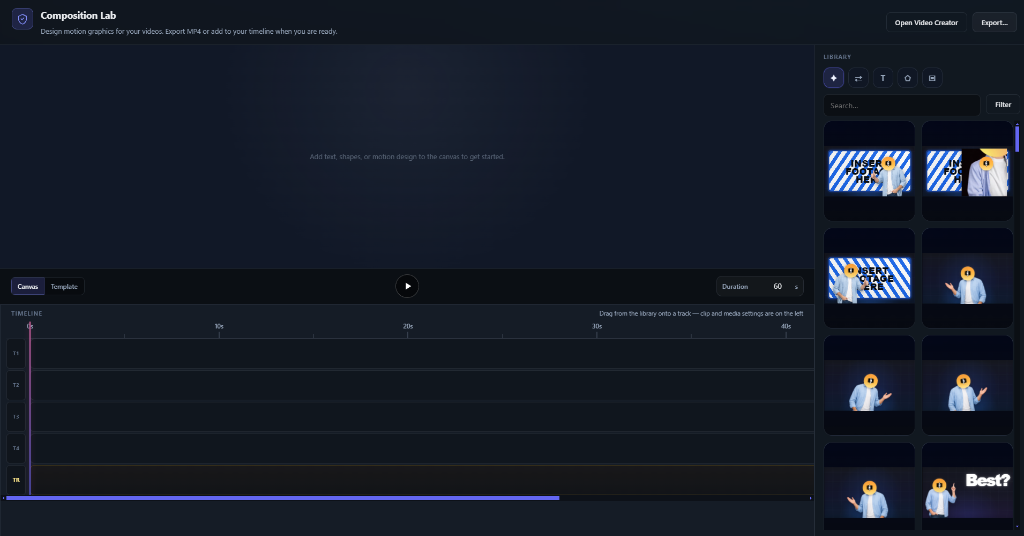 Composition Lab interface showing canvas, timeline tracks, and motion graphic library