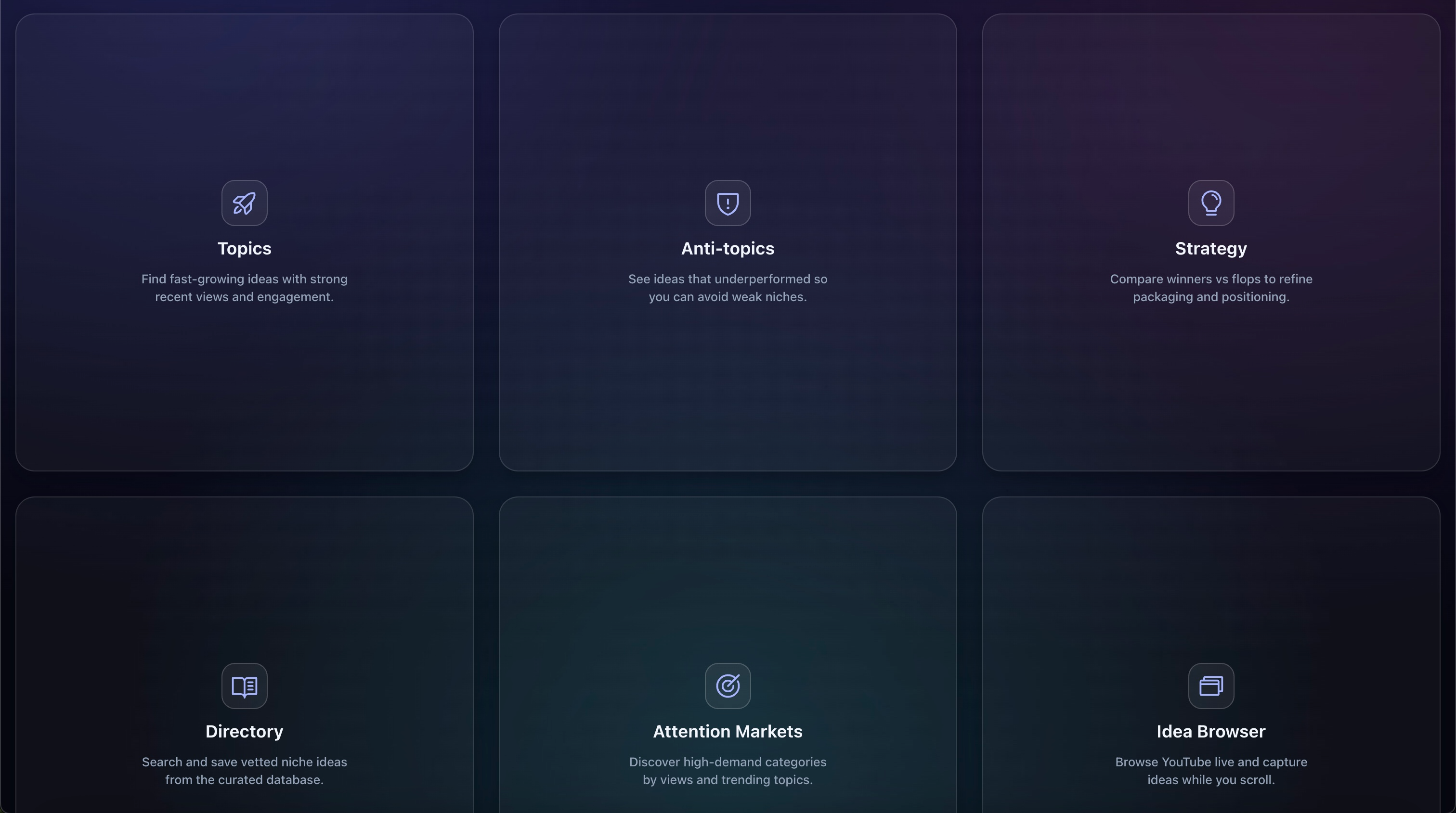 Screenshots: Niche Finder & Idea Browser