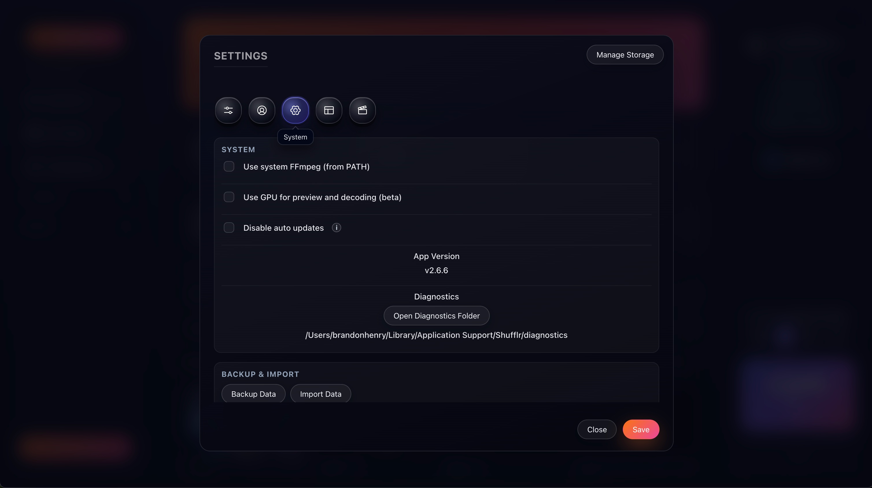 Screenshot: Settings & Export Data
